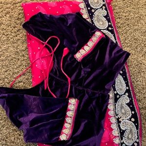 Pink and purple heavy embroidered saree with velvet blouse